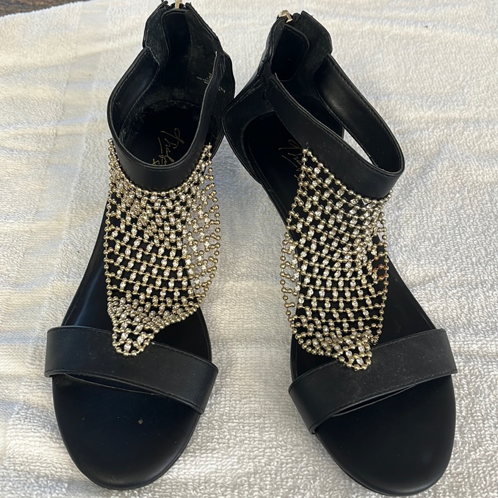 Thalia Sodi decorative sandals. Size 8M. Black with gold zipper on heel.